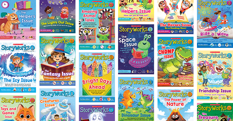 Collage of colorful Storyworks 2 magazine covers with themes for young readers
