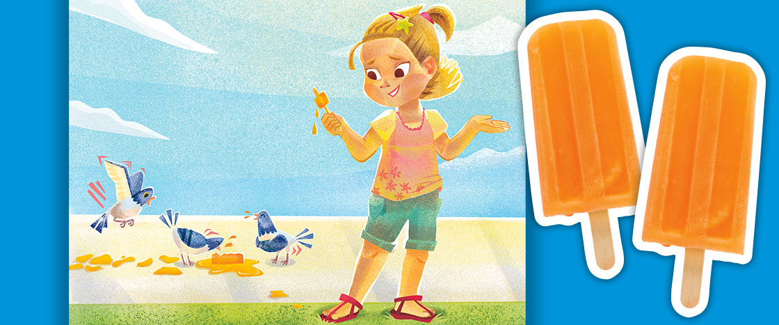 Illustration of a girl holding a melting orange ice pop, which birds lick up.