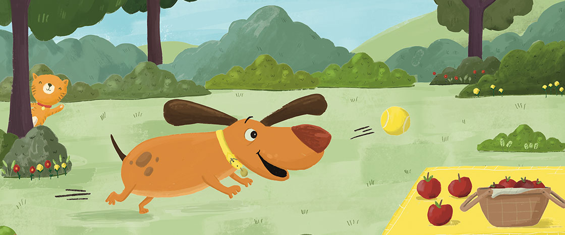 illustration of a dachshund running after a ball in a park