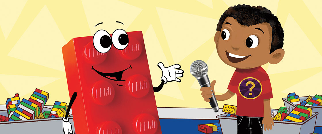 Illustration of a boy with a question mark on his shirt interviewing a lego piece