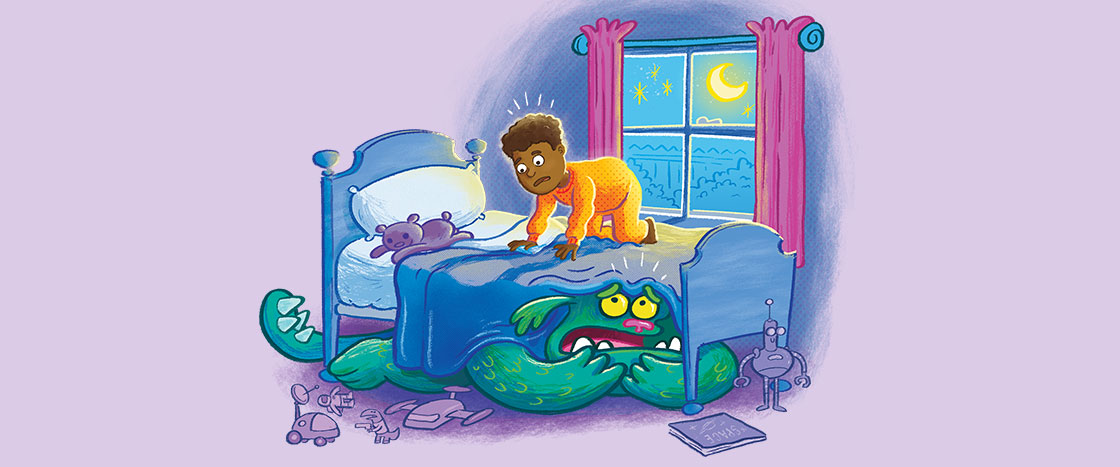 illustration of a boy with a scared monster under his bed