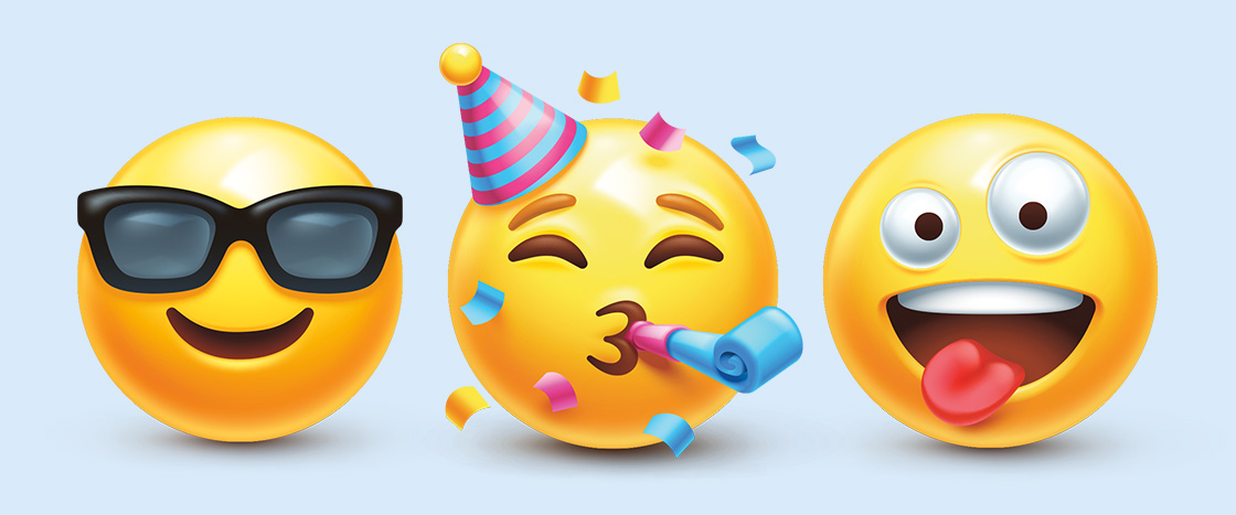 Illustration of the Cool emoji, Party emoji, and Sillyface emoji