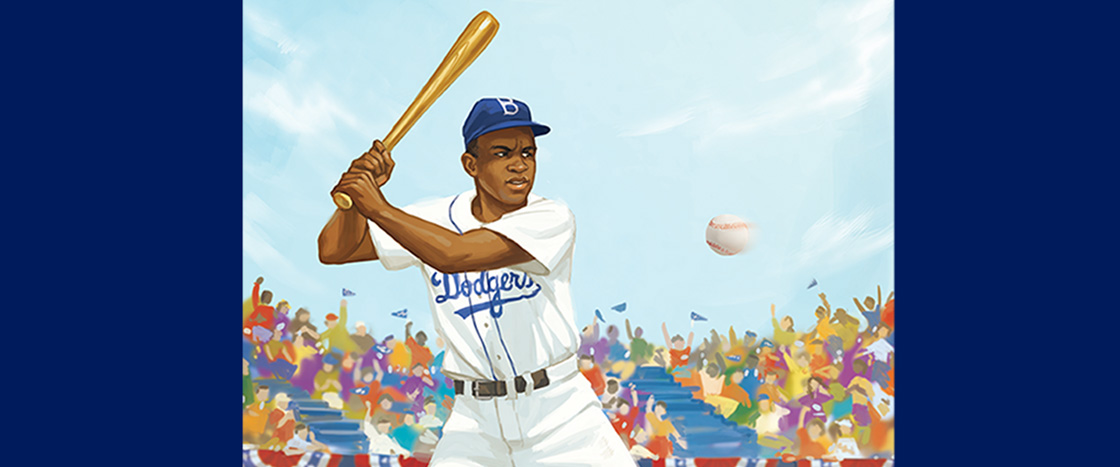 Illustration of Jackie Robinson playing baseball