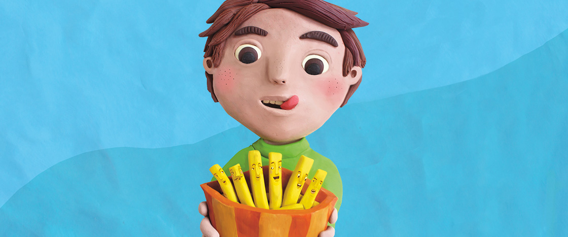 Clay illustration of a person holding french fries