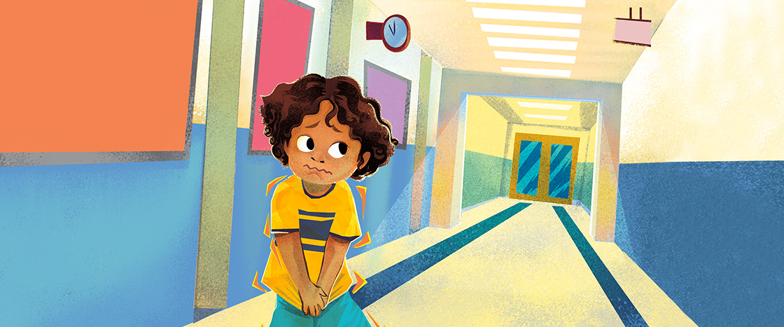 Illustration of a nervous student in an empty school hallway