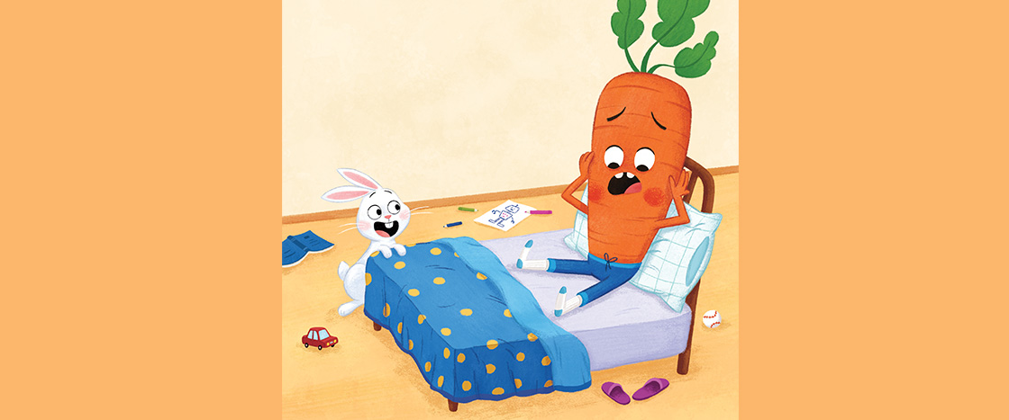 Illustration of a carrot laying in bed