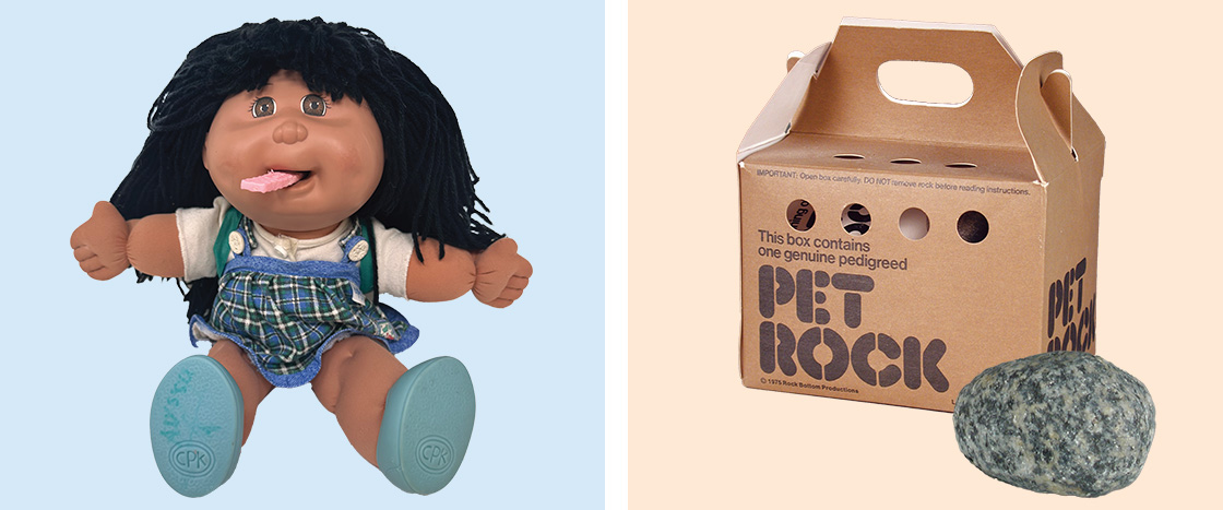 Image of a Cabbage Patch doll and a Pet Rock