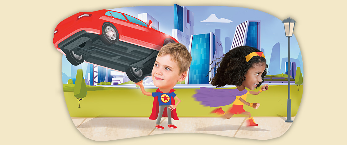 Image of two superhero students with super strength and super speed