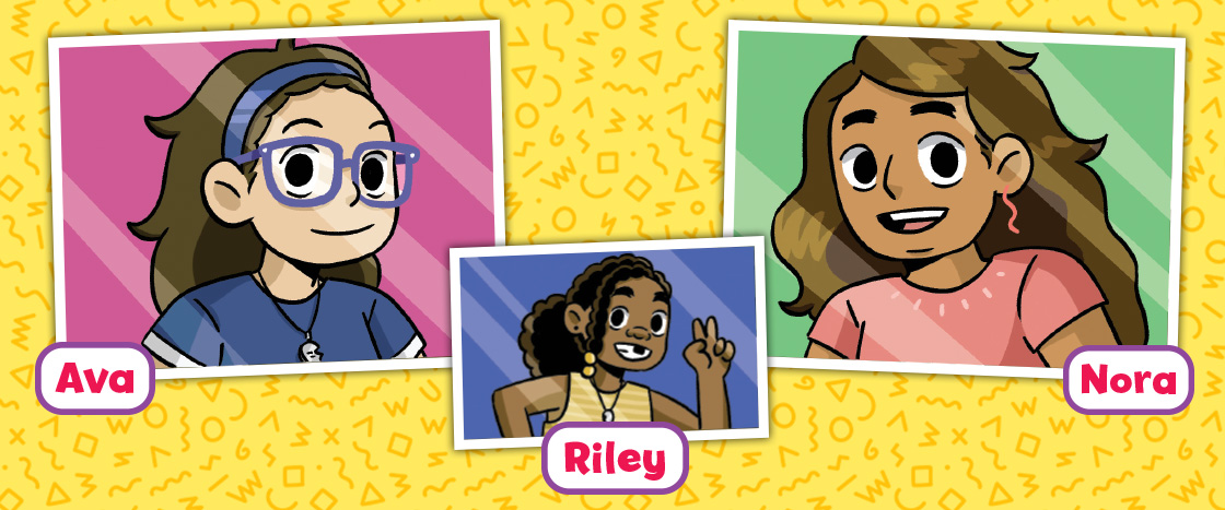 Illustration introducing main characters of comic, Ava, Riley, and Nora