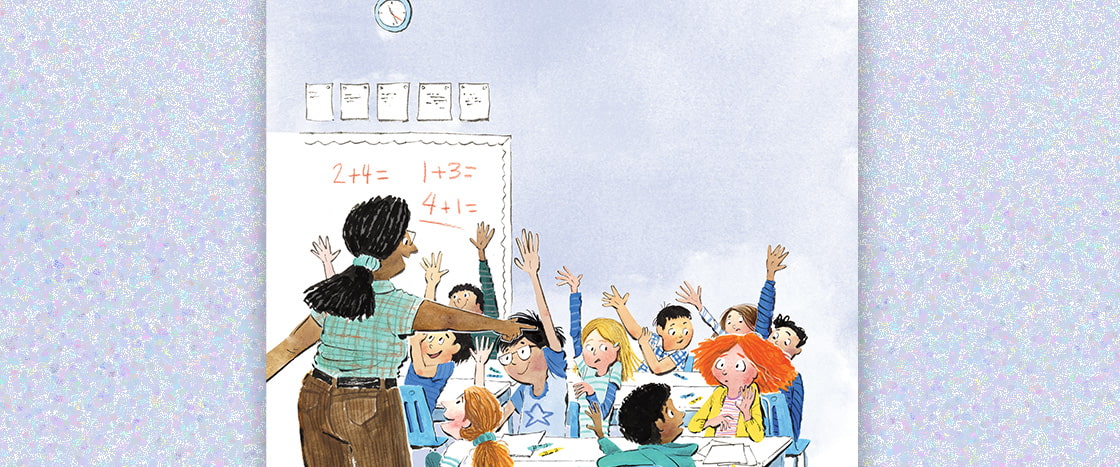 Illustration of math class with students raising their hands and teacher calling on one