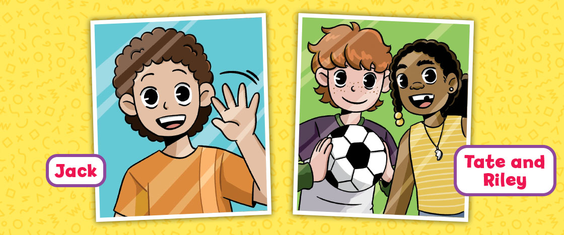 Illustration of main characters, "Jack, Tate, and Riley"