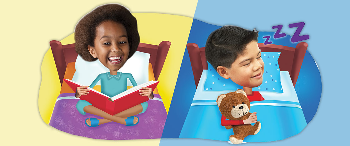 Image of one kid sleeping and the other reading a book