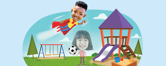 Two children appear in a playground scene, one as a superhero in flight and one with a soccer ball