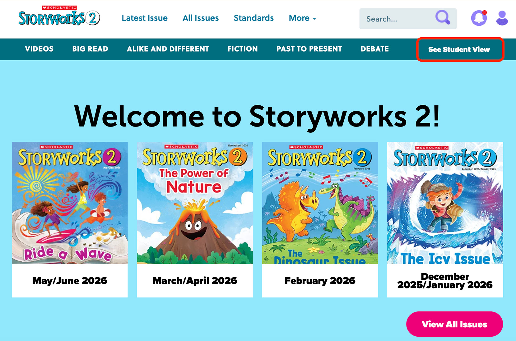The Scholastic Storyworks 2 website homepage with four recent magazine issue covers displayed