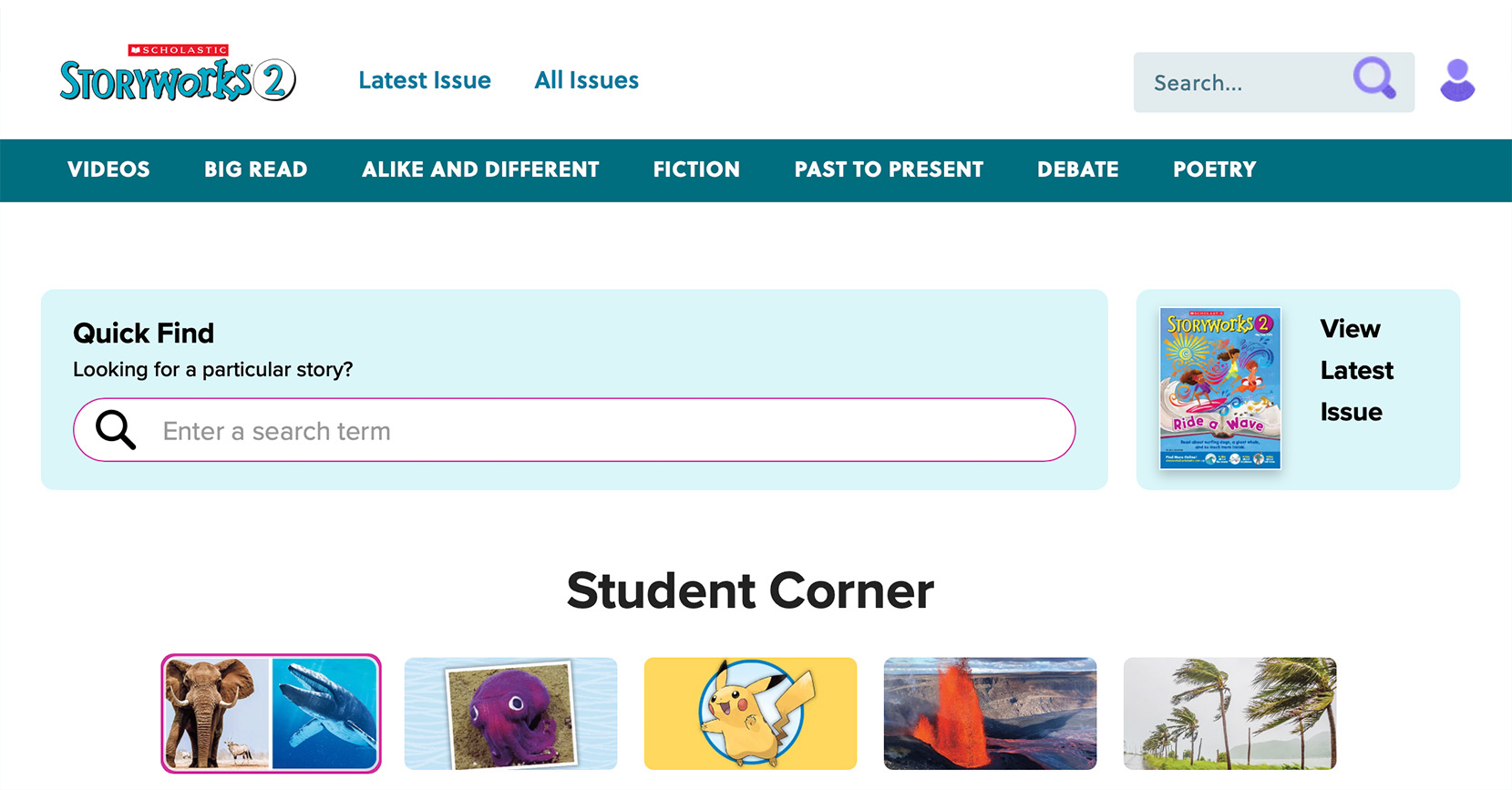 The Scholastic Storyworks 2 website homepage with a search bar and Student Corner section