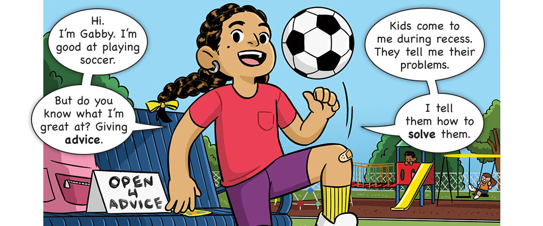 illustration of a girl with a soccer ball giving advice