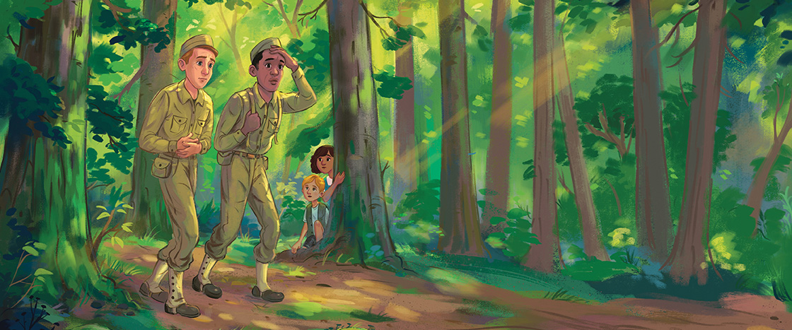 Illustration of soldiers walking through a forest while kids hide behind a tree